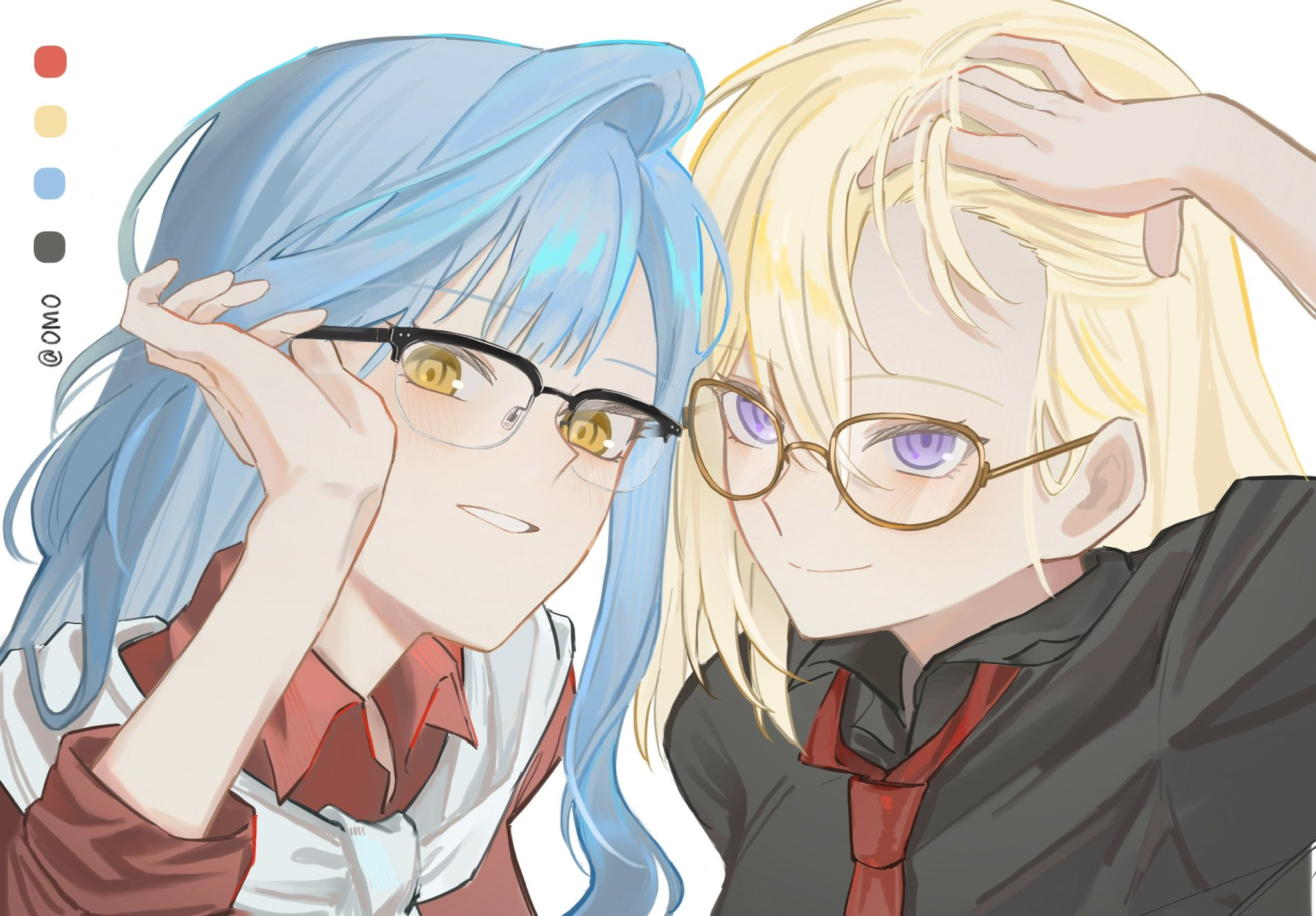 misumi uika, togawa sakiko, bang dream!, bang dream! it's mygo!!!!!, commentary, highres, symbol-only commentary, 2girls, black-framed eyewear, black shirt, blonde hair, blue hair, brown-framed eyewear, glasses, long hair, multiple girls, necktie, omo cccc, over-rim eyewear, purple eyes, red necktie, red shirt, semi-rimless eyewear, shirt, simple background, upper body, white background, yellow eyes