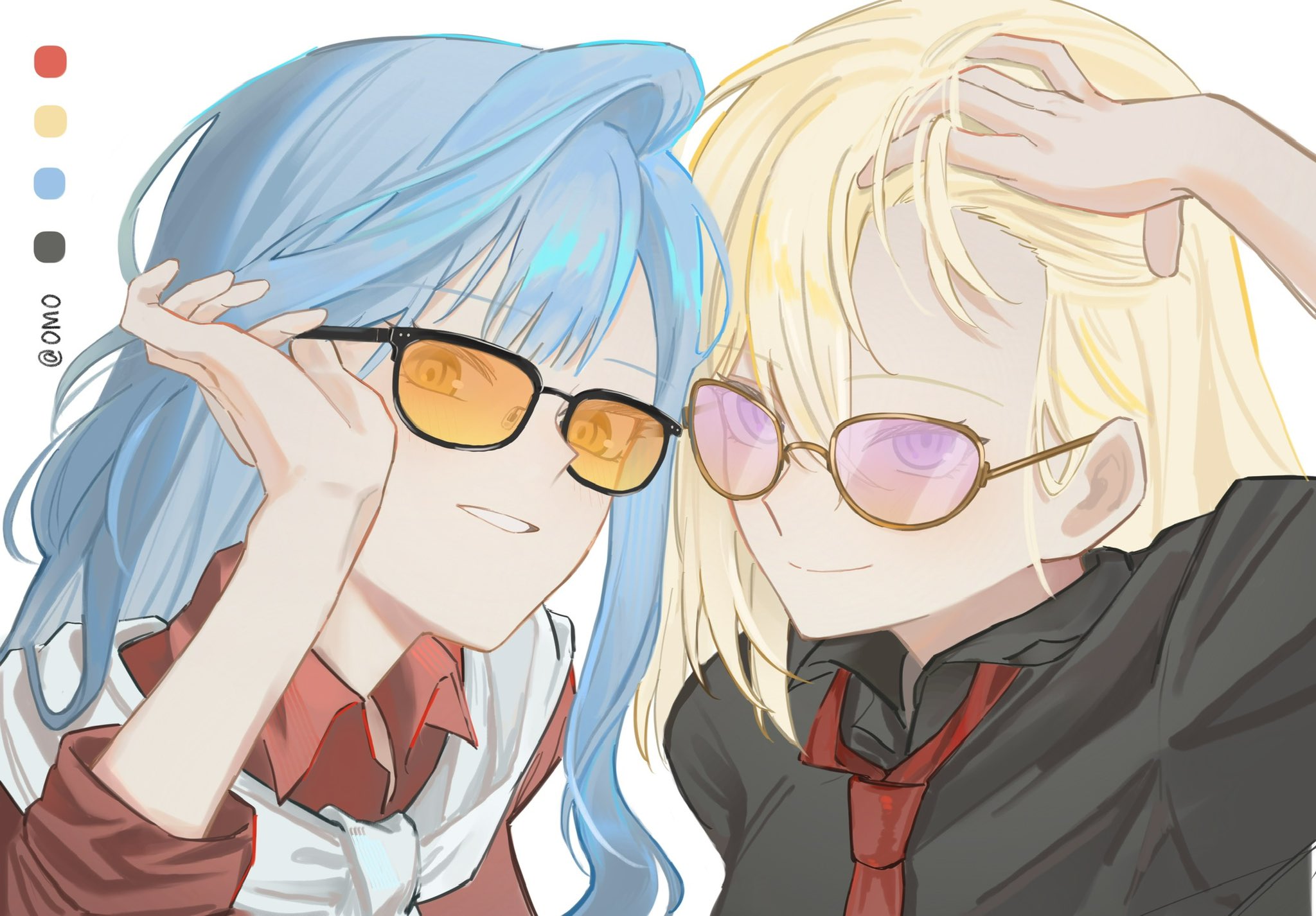 misumi uika, togawa sakiko, bang dream!, bang dream! it's mygo!!!!!, commentary, highres, symbol-only commentary, 2girls, black-framed eyewear, black shirt, blonde hair, blue hair, brown-framed eyewear, glasses, long hair, multiple girls, necktie, omo cccc, orange-tinted eyewear, purple-tinted eyewear, purple eyes, red necktie, red shirt, shirt, simple background, sunglasses, tinted eyewear, upper body, white background, yellow eyes