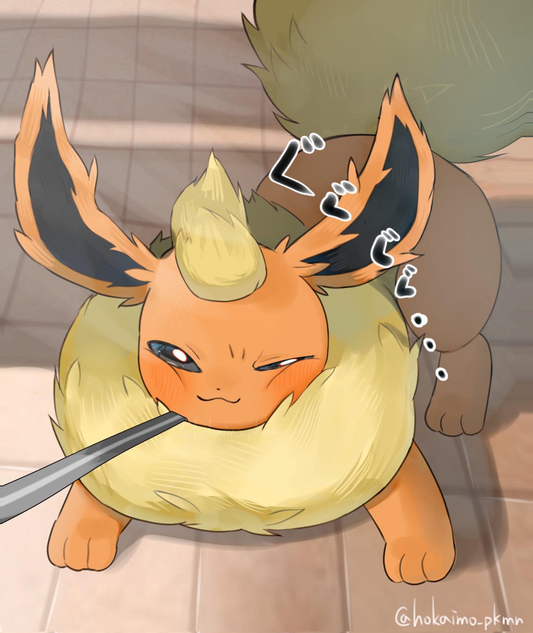 hokaimo pkmn, flareon, nintendo, pokemon, highres, :3, animal focus, blue eyes, blush, closed mouth, gen 1 pokemon, leash, looking at viewer, neck fur, no humans, orange fur, pokemon (creature), pokemon focus, solo, squinting, tail, wooden floor, yellow fur