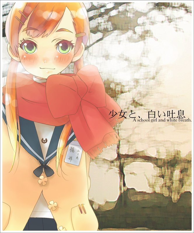 madam s, bad id, bad pixiv id, 1girl, :3, blush, bow, female focus, green eyes, hair ornament, hairclip, long hair, orange hair, red scarf, scarf, school uniform, serafuku, smile, solo, twintails