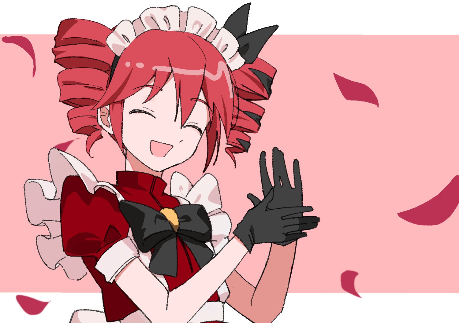 kasane teto, kasane teto (sv), synthesizer v, utau, 1girl, alternate costume, apron, black bow, black bowtie, black gloves, bow, bowtie, closed eyes, dress, drill hair, enmaided, facing viewer, falling petals, frilled apron, frills, gloves, hands up, magic maid (synthesizer v), maid, maid apron, maid headdress, nekung, open mouth, own hands together, petals, pink background, puffy short sleeves, puffy sleeves, red dress, red hair, red shirt, shirt, short hair, short sleeves, smile, solo, twin drills, upper body