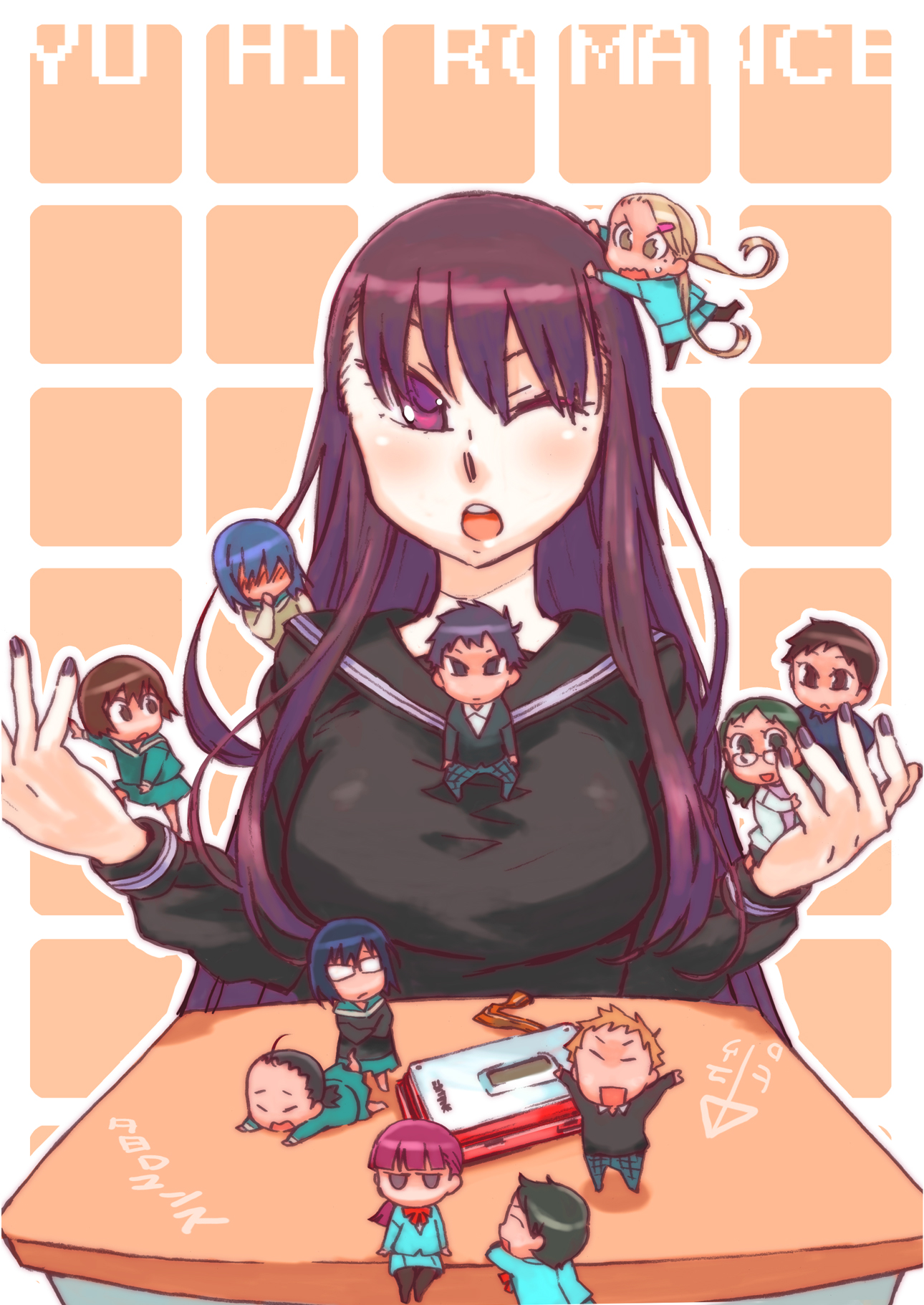 katou haruaki, kisaki nana, asahina tomoshibi, enishi yukari, higashi kanako, kirishima hanayaka, kitada taki, kurenai hiiro, kurenai yuugure, makoto hitomi, miyama miyabi, tsutsu tsutome, watashiba meguru, yuuhi romance, bad id, bad pixiv id, highres, 2boys, 6+girls, brown hair, cellphone, chibi, copyright name, mole, mole under eye, multiple boys, multiple girls, phone, red eyes, school uniform, serafuku, table
