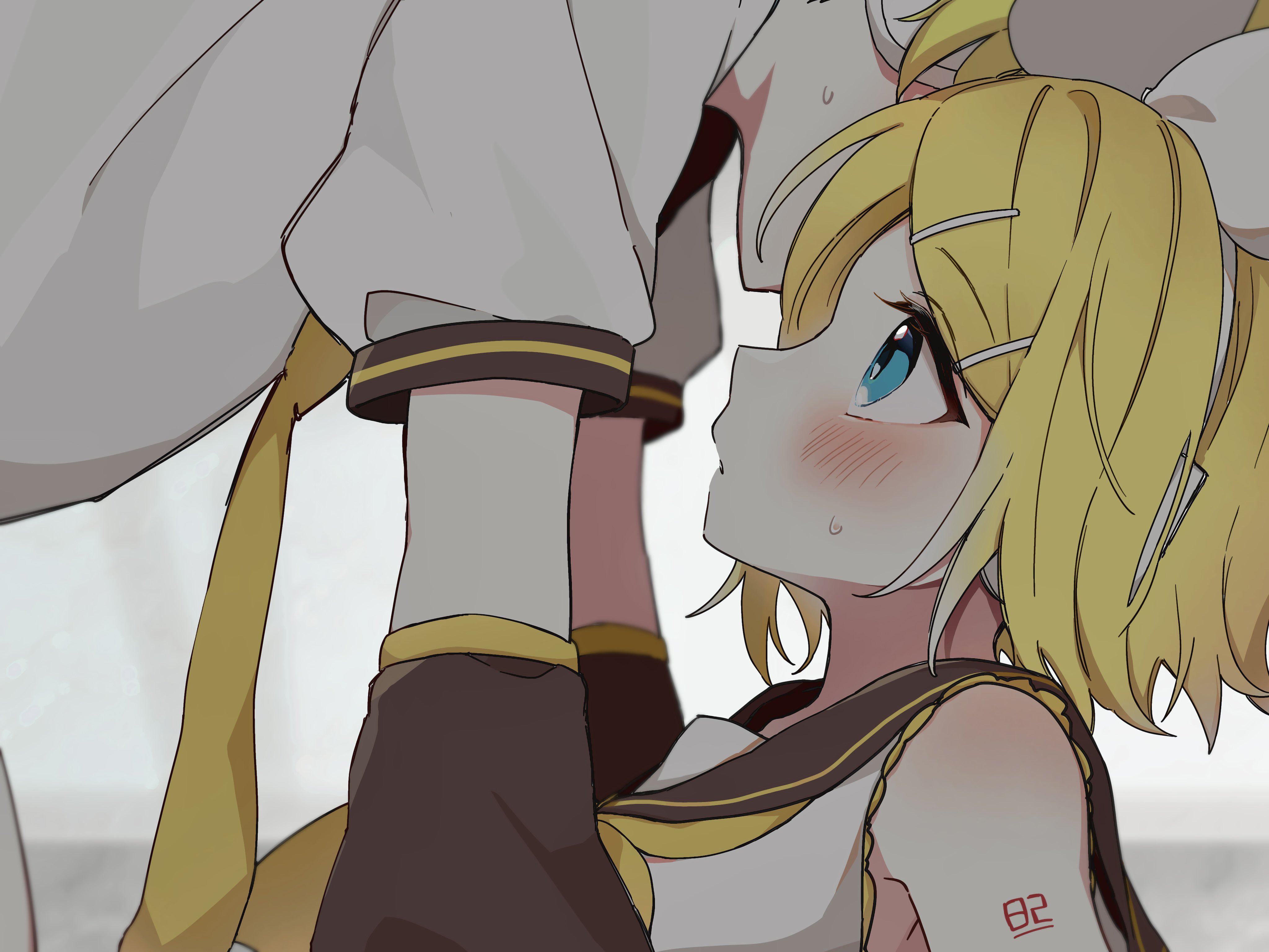 tono kabeuchi, kagamine len, kagamine rin, vocaloid, absurdres, highres, 1girl, bare shoulders, black sailor collar, blonde hair, blue eyes, blush, bow, detached sleeves, hair bow, hair ornament, hairclip, headphones, hetero, looking at another, neckerchief, necktie, sailor collar, shirt, short hair, short sleeves, shoulder tattoo, sleeveless, sleeveless shirt, sweat, sweatdrop, tattoo, white bow, white shirt, yellow neckerchief, yellow necktie