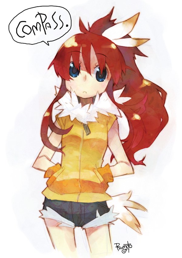 hamamoto ryuusuke, blue eyes, cutoffs, denim, denim shorts, long hair, red hair, shorts, sleeveless, solo
