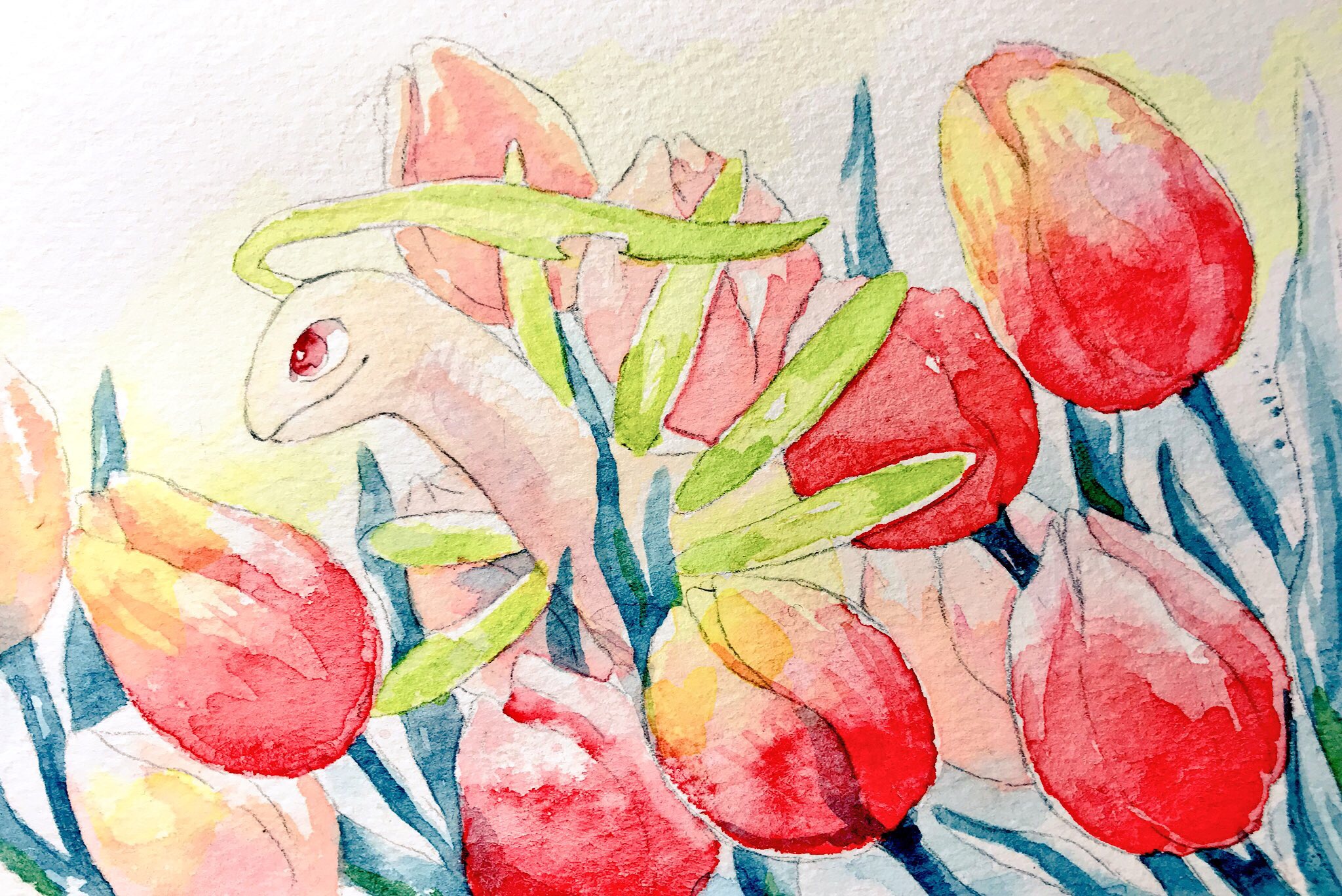 mint nappa, bayleef, nintendo, pokemon, commentary request, highres, painting (medium), traditional media, watercolor (medium), animal focus, closed mouth, flower, gen 2 pokemon, no humans, outdoors, pokemon (creature), red eyes, red flower, red tulip, solo, tulip