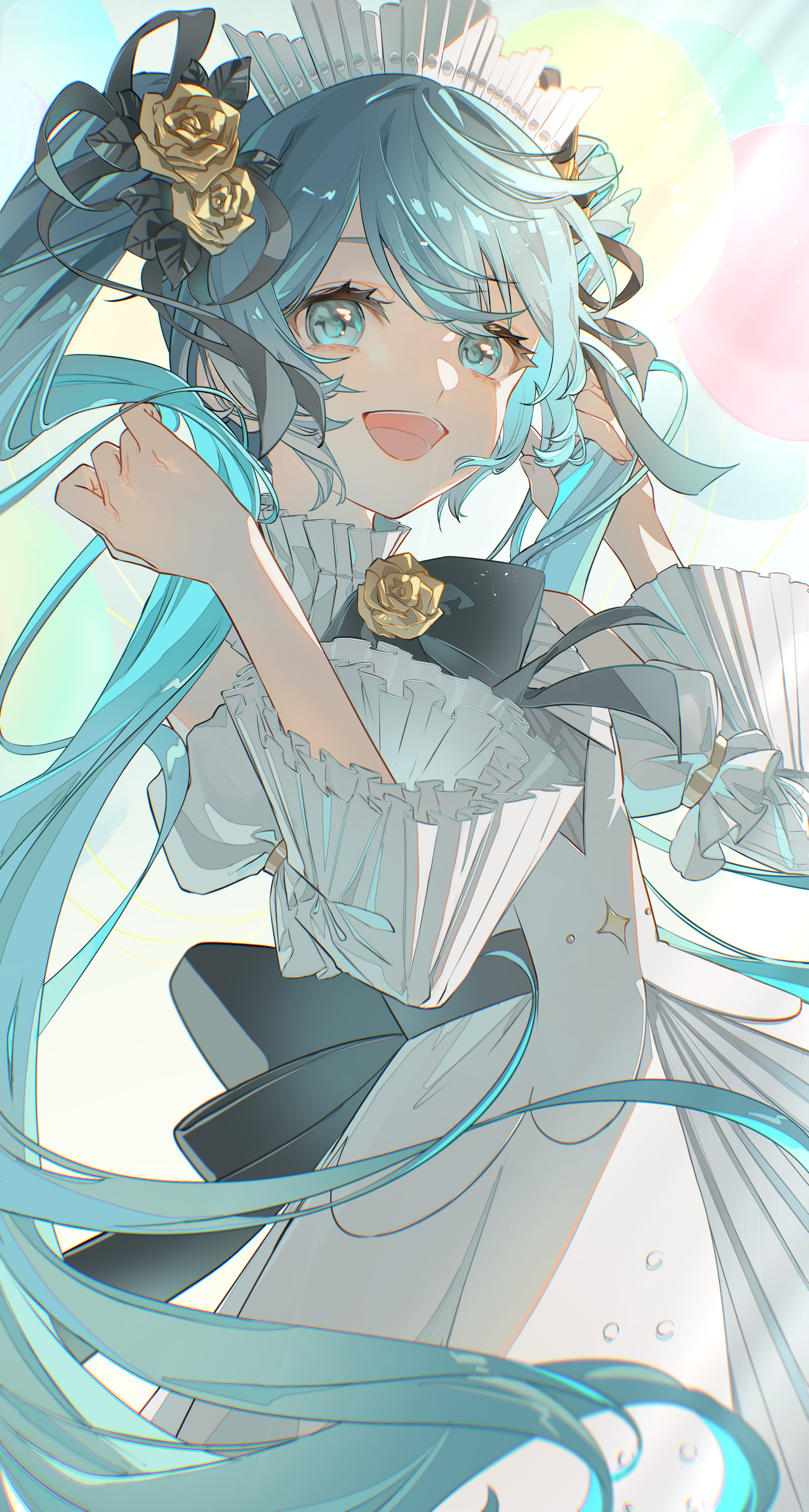 hatsune miku, miku symphony (vocaloid), vocaloid, absurdres, highres, 1girl, aqua eyes, aqua hair, dress, flower, frilled dress, frilled sleeves, frills, hair between eyes, hair flower, hair ornament, long hair, long sleeves, looking at viewer, mahiru mm, official alternate costume, official alternate hairstyle, open mouth, rose, smile, solo, twintails, very long hair, white dress, wide sleeves, yellow flower, yellow rose