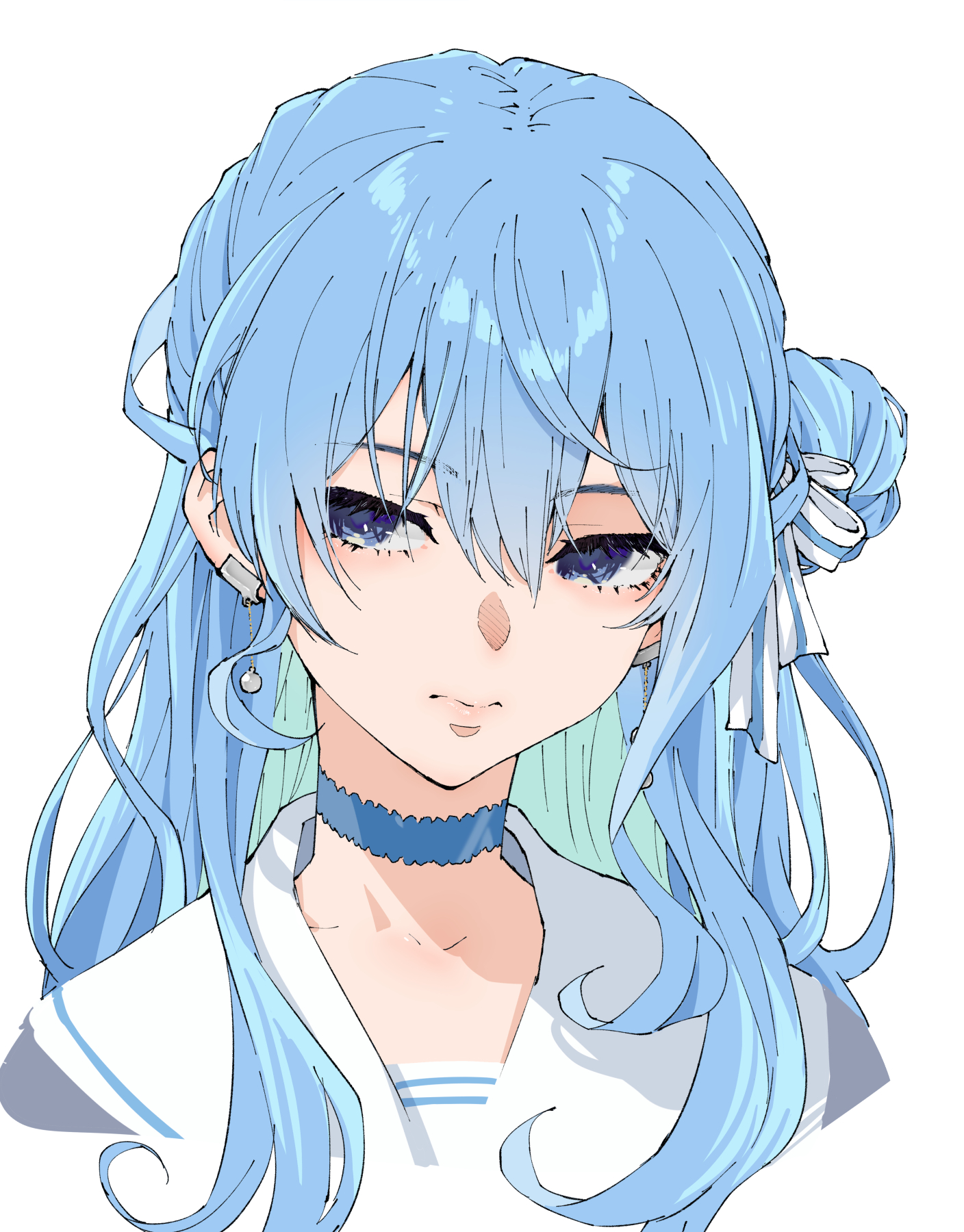 henriiku (ahemaru), hoshimachi suisei, hololive, commentary, hashtag-only commentary, highres, 1girl, blue choker, blue eyes, choker, earclip, hair between eyes, hair bun, hair ribbon, ribbon, sailor collar, school uniform, serafuku, sidelocks, simple background, single side bun, solo, virtual youtuber, white background, white ribbon, white sailor collar