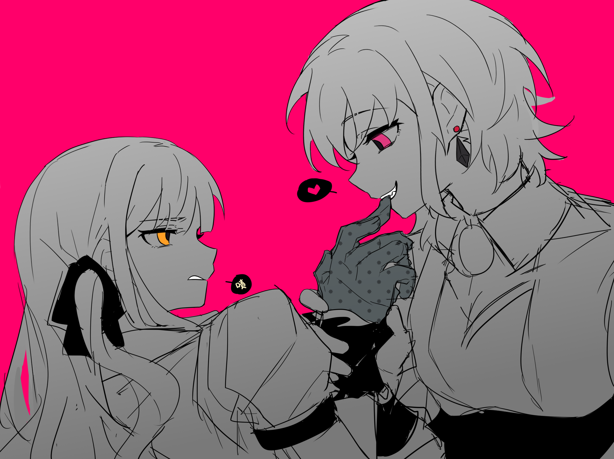 xmyishipi, amoris (bang dream!), oblivionis (bang dream!), togawa sakiko, yuutenji nyamu, bang dream!, bang dream! it's mygo!!!!!, biting finger, chinese commentary, commentary request, highres, 2girls, biting, gloves, greyscale with colored background, hair ribbon, heart, long hair, multiple girls, pink background, pink eyes, ribbon, short hair, sidelocks, simple background, spoken heart, spot color, yellow eyes, yuri