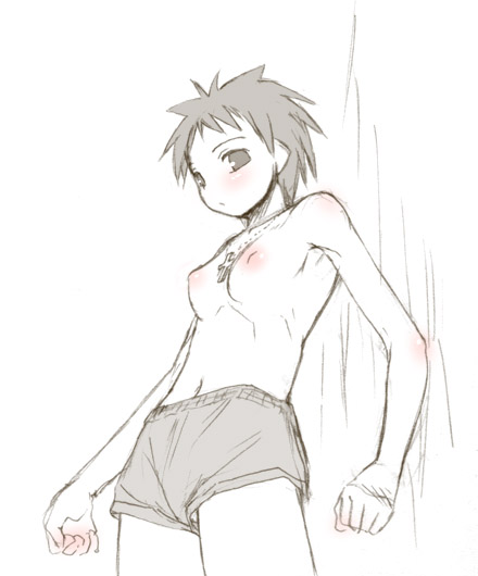 kasuga yukihito, kasuga misora, mahou sensei negima!, 00s, 1girl, breasts, female focus, monochrome, nipples, shorts, solo, topless female