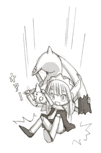 kasuga yukihito, albert chamomille, chachazero, chamo, mahou sensei negima!, lowres, 00s, 1girl, :o, ^^^, creature, doll, doll joints, dress, ermine, extra arms, fallen down, female focus, full body, hairband, joints, multi limb, open mouth, short hair, simple background, solo, surprised, sweatdrop, thighs, weasel, white background