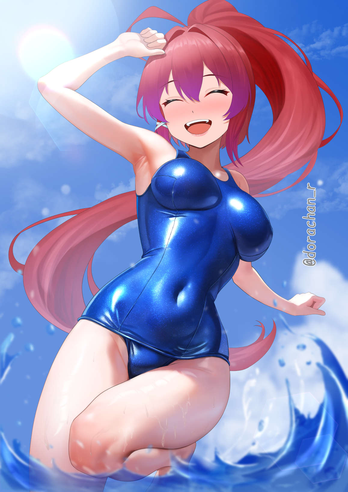 dorachan r, i-168 (kancolle), kantai collection, highres, 1girl, ahoge, blue one-piece swimsuit, blue sky, breasts, closed eyes, cloud, covered navel, day, hair ornament, hair ribbon, long hair, ocean, one-piece swimsuit, open mouth, outdoors, ponytail, red hair, ribbon, school swimsuit, sky, smile, solo, swimsuit, twitter username, water