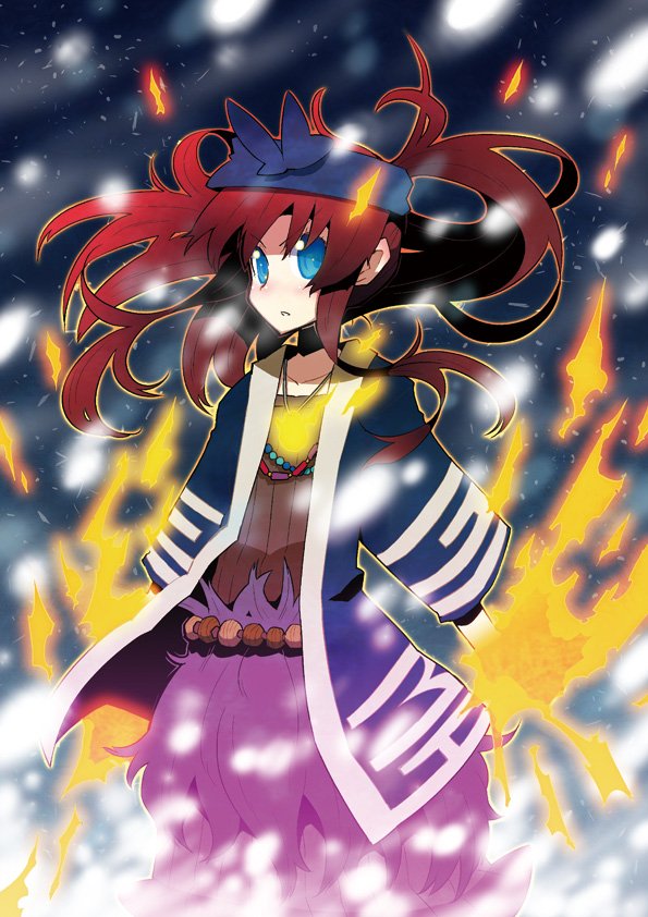 hamamoto ryuusuke, tagme, blue eyes, fire, long hair, magic, red hair, solo