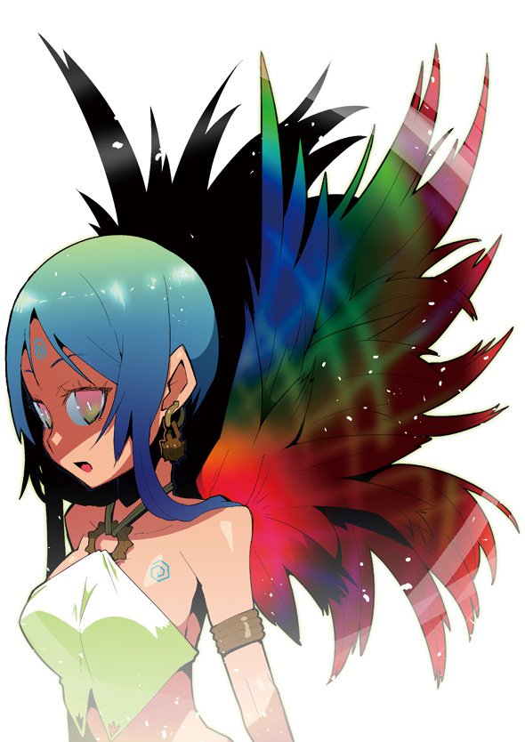 hamamoto ryuusuke, bare shoulders, blue hair, dark-skinned female, dark skin, earrings, jewelry, long hair, solo, wings