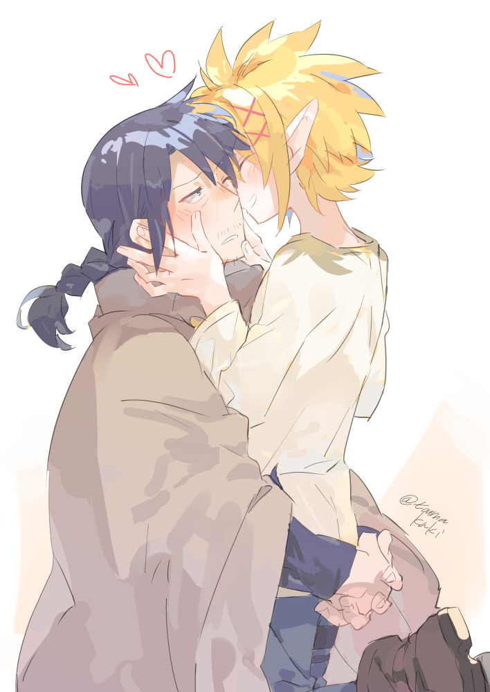 dasshu (dashi now), stunk, zel (ishuzoku reviewers), ishuzoku reviewers, commentary request, 2boys, blonde hair, blush, boots, braid, brown boots, brown cloak, cloak, closed eyes, facial hair, heart, hug, kiss, long hair, male focus, multiple boys, mustache stubble, parted lips, pointy ears, short hair, sparse stubble, stubble, yaoi