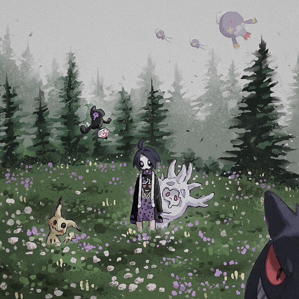 w0 0ny chloe, allister (pokemon), cursola, drifblim, drifloon, galarian yamask, gengar, mimikyu, nintendo, pokemon, pokemon swsh, 1boy, ahoge, black hair, collared shirt, field, flower, forest, galarian form, gen 1 pokemon, gen 4 pokemon, gen 7 pokemon, gen 8 pokemon, grass, long sleeves, male focus, mask, nature, outdoors, pokemon (creature), shirt, short hair, shorts, standing, suspender shorts, suspenders, tree