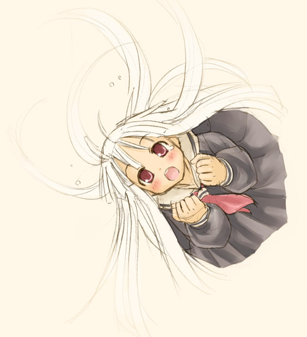 kasuga yukihito, aisaka sayo, mahou sensei negima!, 00s, 1girl, female focus, long hair, school uniform, serafuku, simple background, sketch, solo, white hair