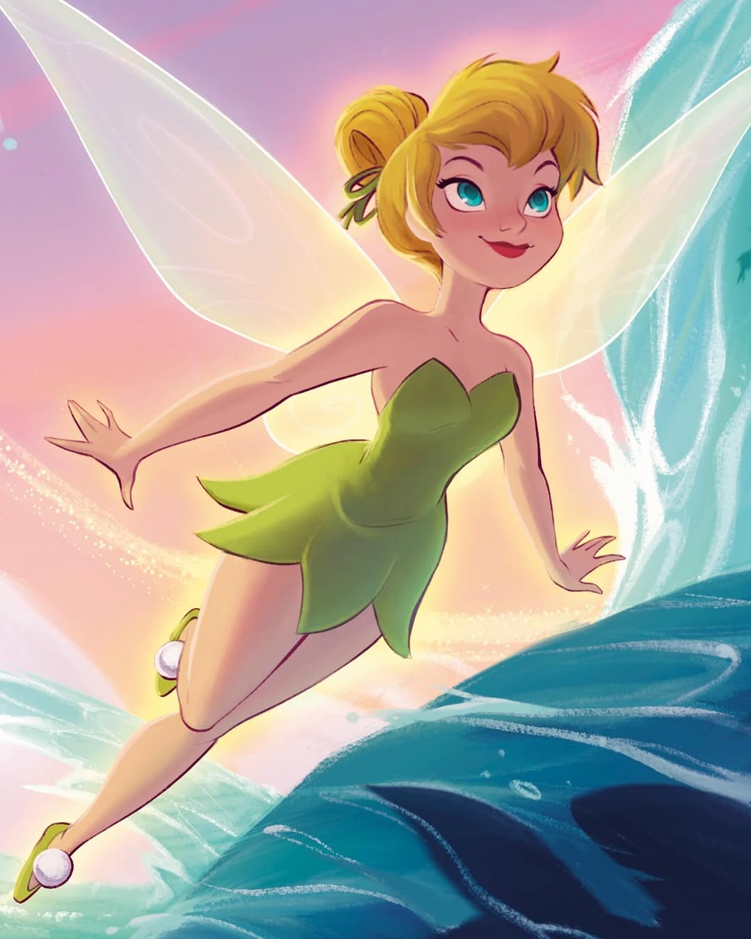 maliadoodles, tinker bell (disney), walt disney's peter pan, highres, 1girl, blonde hair, blue eyes, dress, fairy, fairy wings, green dress, green shoes, outdoors, shoes, solo, strapless, strapless dress, updo, water, wings