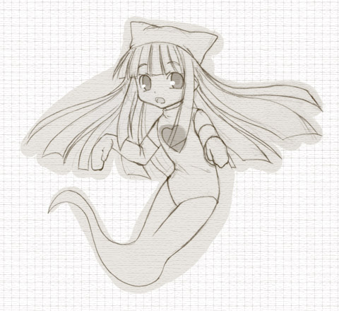 kasuga yukihito, aisaka sayo, mahou sensei negima!, no legs, lowres, 00s, 1girl, :d, animal hat, blunt bangs, cat hat, female focus, floating, full body, ghost, ghost tail, greyscale, hat, leotard, long hair, looking at viewer, monochrome, open mouth, sidelocks, sketch, smile, solo, tareme, very long hair