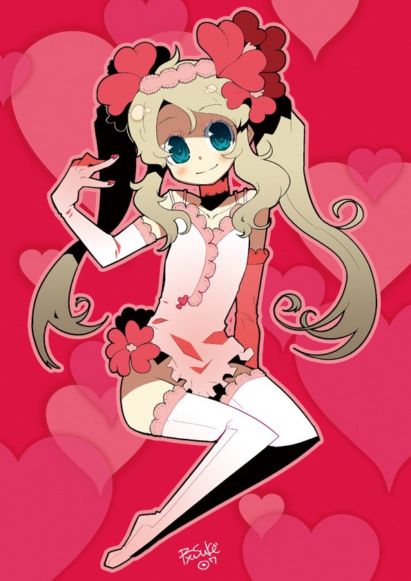 hamamoto ryuusuke, blonde hair, blue eyes, elbow gloves, gloves, hair ornament, long hair, no panties, smile, solo, thighhighs, twintails