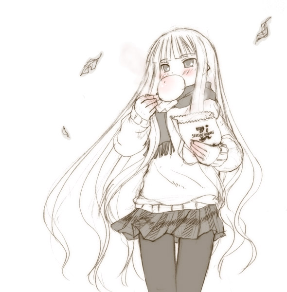 kasuga yukihito, evangeline a.k. mcdowell, mahou sensei negima!, 00s, 1girl, blush, female focus, leaf, long hair, monochrome, pantyhose, plaid clothes, plaid skirt, skirt, solo, spot color, sweater, vampire, very long hair
