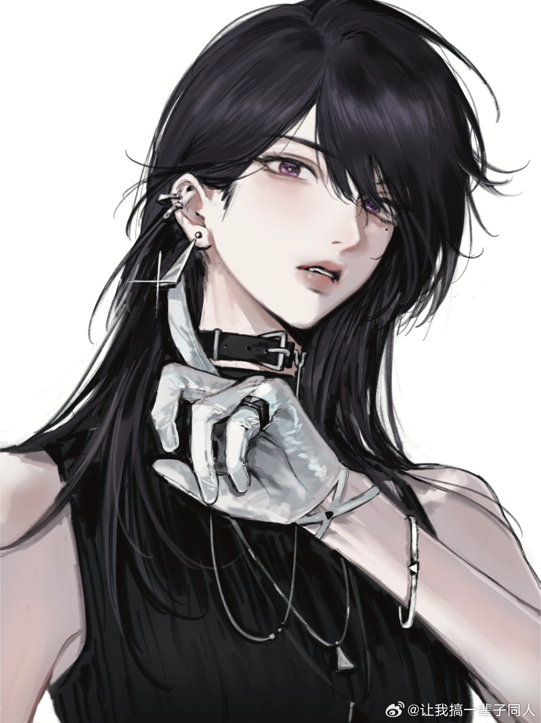 siy (shengxiu760722), shiina taki, bang dream!, bang dream! it's mygo!!!!!, commentary, highres, 1girl, black choker, black hair, black shirt, choker, ear piercing, earrings, glint, gloves, jewelry, mole, mole under eye, necklace, open mouth, piercing, purple eyes, ring, shirt, simple background, sleeveless, sleeveless shirt, solo, upper body, watermark, weibo watermark, white background, white gloves