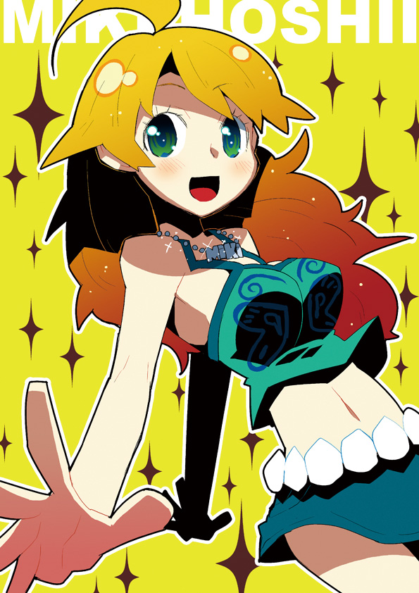 hamamoto ryuusuke, hoshii miki, idolmaster, idolmaster (classic), idolmaster 1, 00s, 1girl, ahoge, blonde hair, female focus, green eyes, green shirt, happy, jewelry, long hair, midriff, necklace, shirt, solo, yellow background