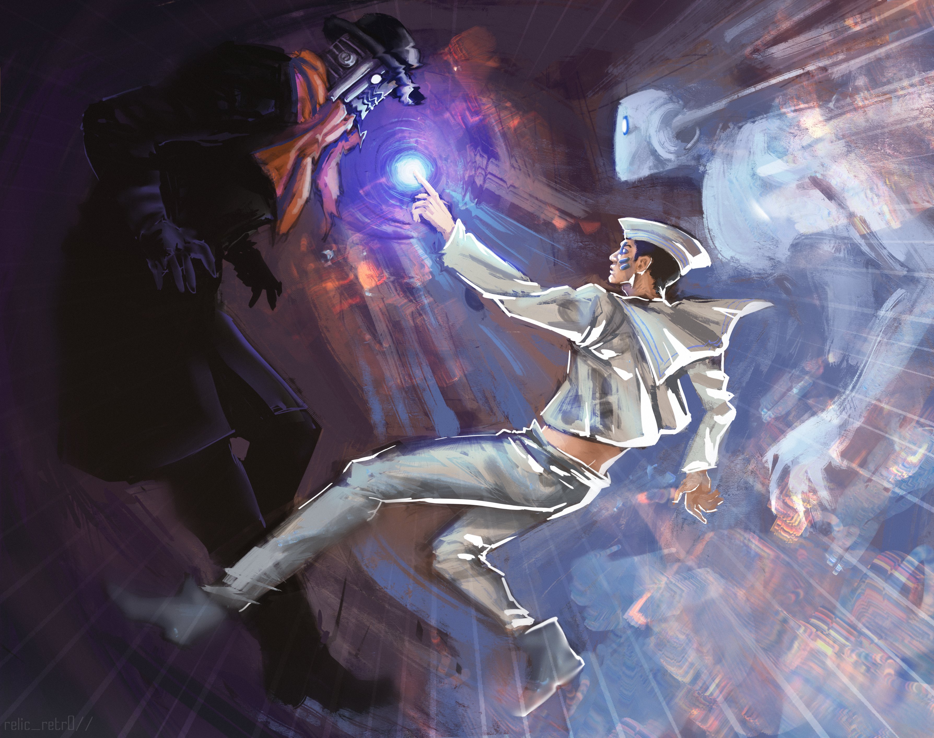 higashikata josuke (jojolion), soft & wet, wonder of u, jojo no kimyou na bouken, jojolion, absurdres, commentary, highres, 1boy, 2others, battle, black coat, black gloves, black hair, black hat, black pants, black shoes, boots, bowler hat, bubble, coat, cropped shirt, dixie cup hat, duel, energy ball, estacadoth, facial mark, gloves, grey boots, hat, humanoid robot, long coat, long sleeves, male focus, military hat, multiple others, orange scarf, pants, robot, sailor, sailor collar, sailor hat, scarf, shirt, shoes, stand (jojo), white eyes, white hat, white pants, white sailor collar, white shirt