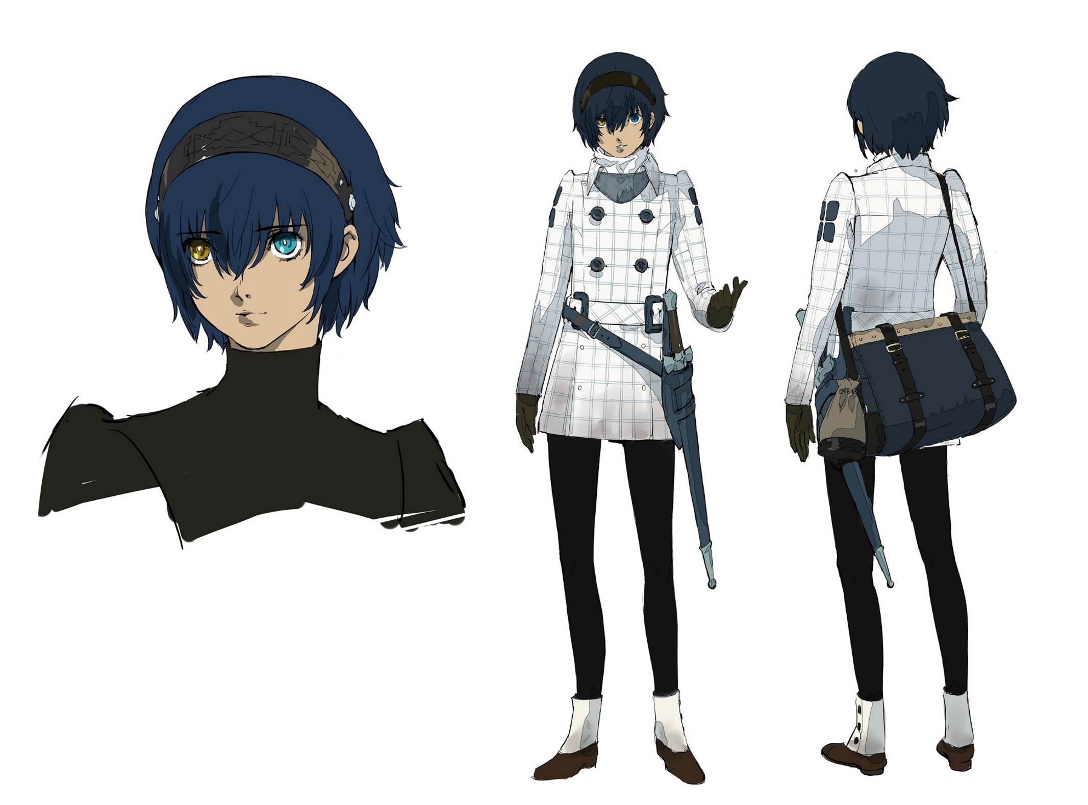 soejima shigenori, protagonist (metaphor: refantazio), metaphor: refantazio, highres, official art, 1boy, bag, belt, belt buckle, black gloves, black hairband, black pants, blue bag, blue eyes, blue hair, buckle, dark skin, gloves, hairband, heterochromia, jacket, long sleeves, male focus, pants, scabbard, sheath, sword, weapon, white jacket, yellow eyes