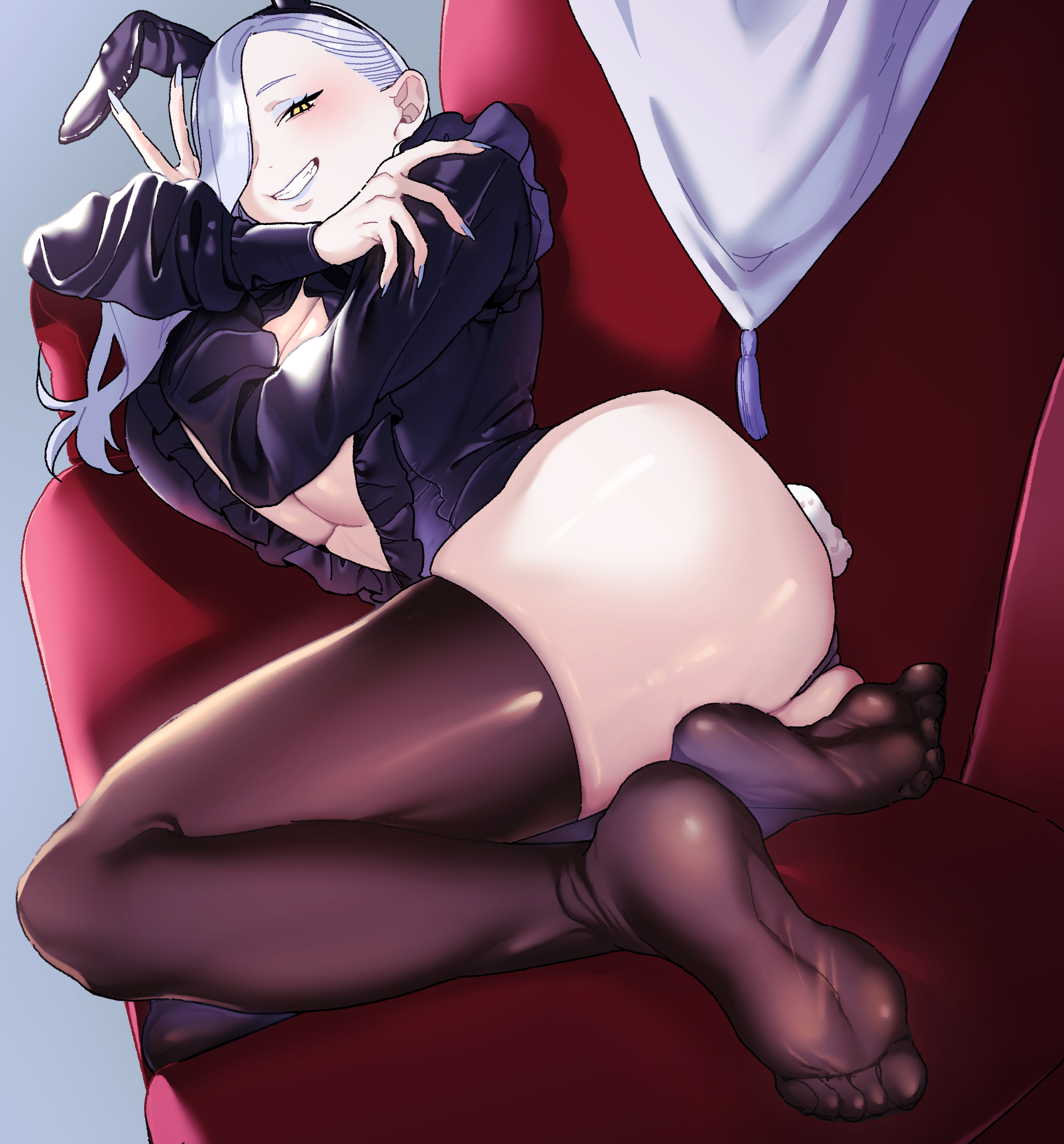 hiyayaako, mrs. snake (fate), fate/grand order, fate (series), absurdres, highres, 1girl, animal ears, black leotard, blue lips, blush, breasts, brown thighhighs, cleavage, eyeliner, fake animal ears, fake tail, grin, hair over one eye, large breasts, leotard, long hair, long sleeves, looking at viewer, makeup, playboy bunny, plunging neckline, rabbit ears, rabbit tail, sleeved leotard, smile, solo, tail, thank you, thighhighs, watermark, white hair, yellow eyes