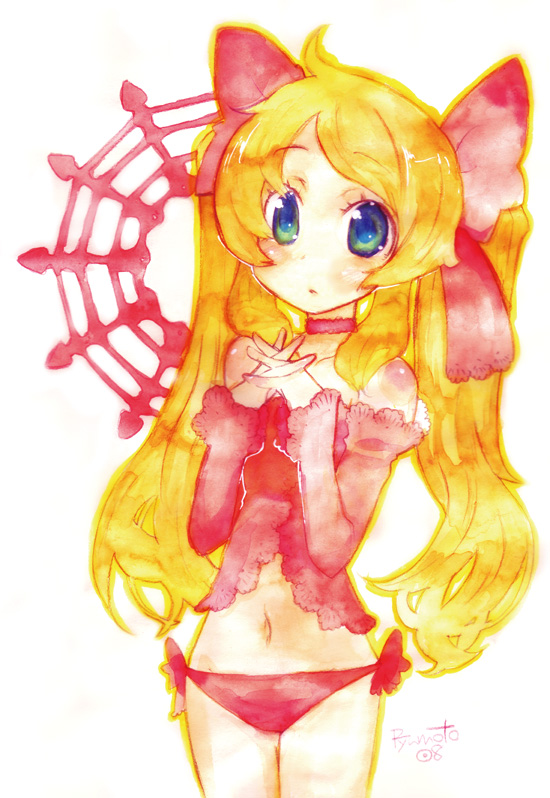hamamoto ryuusuke, blonde hair, blue eyes, choker, cowboy shot, elbow gloves, gloves, gradient background, hair ribbon, interlocked fingers, long hair, own hands together, panties, ribbon, side-tie panties, simple background, solo, twintails, underwear, white background, yellow background