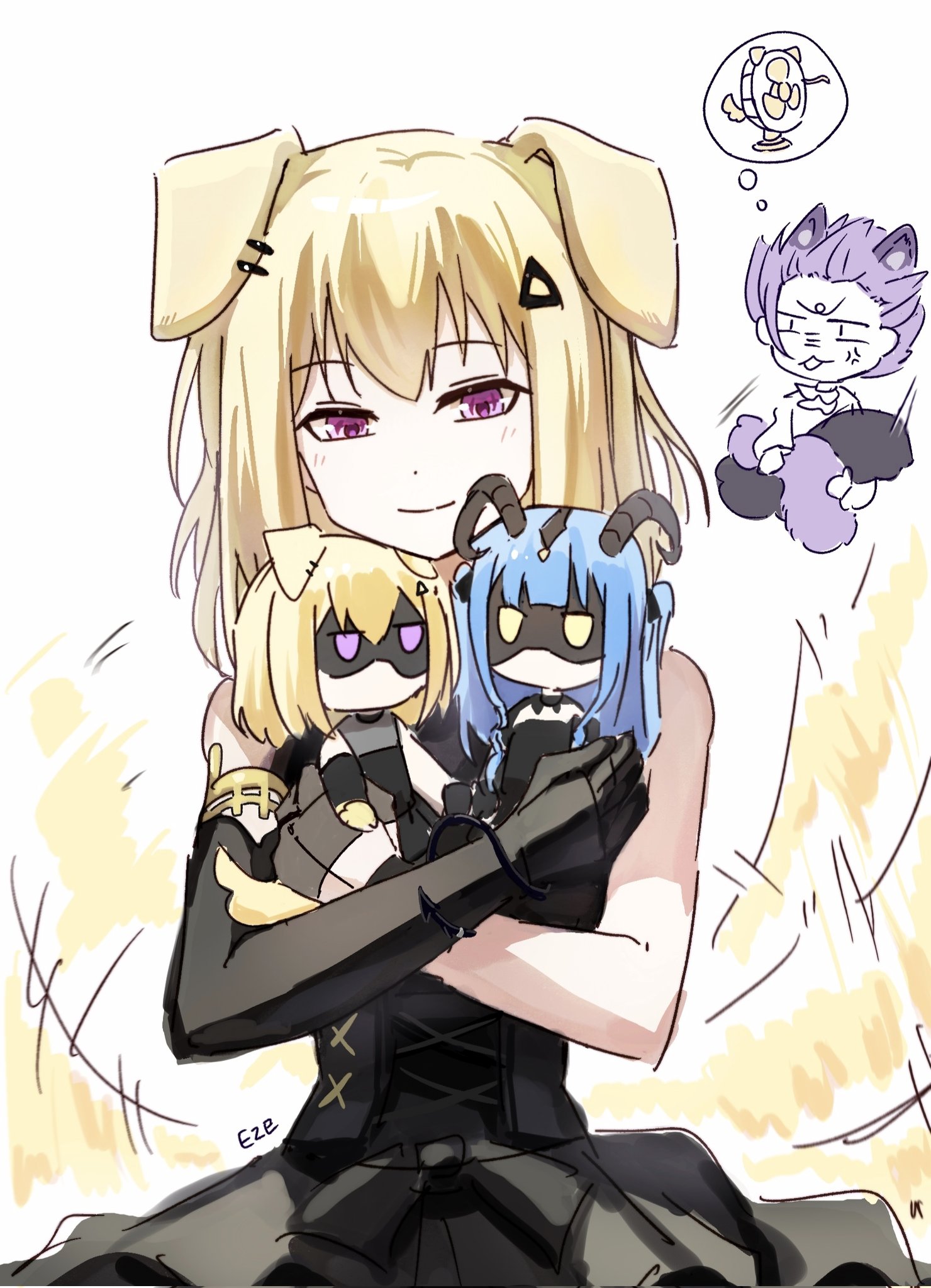 misumi uika, togawa sakiko, yuutenji nyamu, arknights, bang dream!, bang dream! it's mygo!!!!!, commentary, hashtag-only commentary, highres, 2girls, animal ear piercing, animal ears, black dress, blonde hair, cat ears, cat girl, cat tail, character doll, detached sleeves, dog ears, dog girl, dog tail, doll, dress, eze6688z, hair ornament, hairclip, medium hair, misumi uika (caged singer), multiple girls, purple eyes, purple hair, single sleeve, tail, tail wagging, togawa sakiko (master of melodia), yuutenji nyamu (magician of passion)