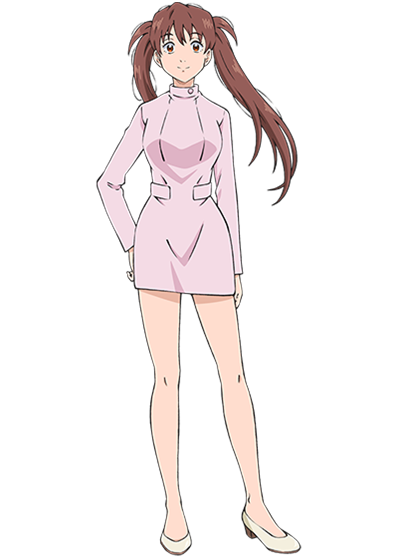 tsuchiya kei, official art, 1girl, ai no idenshi, anime coloring, breasts, brown eyes, brown hair, closed mouth, dress, full body, hair between eyes, high heels, higuchi risa (ai no idenshi), large breasts, long hair, looking at viewer, nurse, pink dress, pink shoes, shoes, short dress, simple background, smile, solo, standing, tachi-e, transparent background, twintails