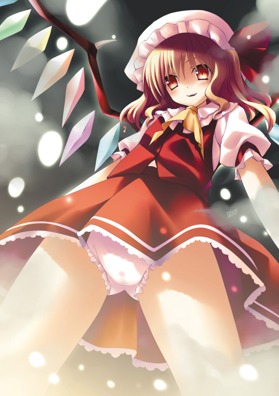 zinno, flandre scarlet, touhou, bad id, bad pixiv id, 1girl, ascot, blonde hair, blouse, cowboy shot, eyebrows hidden by hair, female focus, from below, gradient background, hat, legs apart, mob cap, panties, pantyshot, ribbon, shirt, skirt, solo, standing, thighhighs, underwear, white shirt, wings, yellow ascot