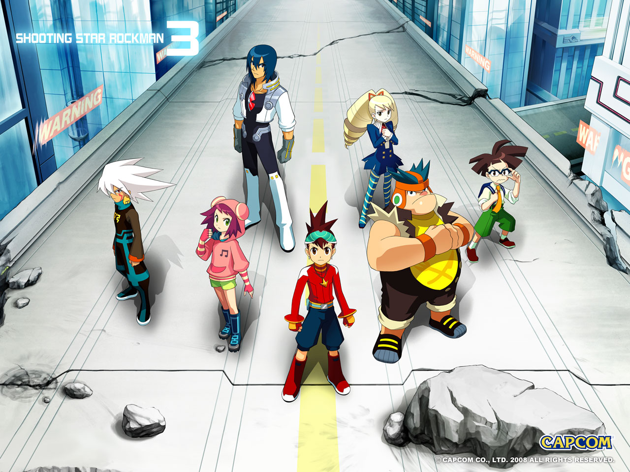 a.c. eos (mega man), bly, bud bison (mega man), hoshikawa subaru, luna platz (mega man), solo (mega man), sonia strumm (mega man), zack temple (mega man), capcom, mega man (series), mega man star force, wallpaper, official art, everyone, pantyhose