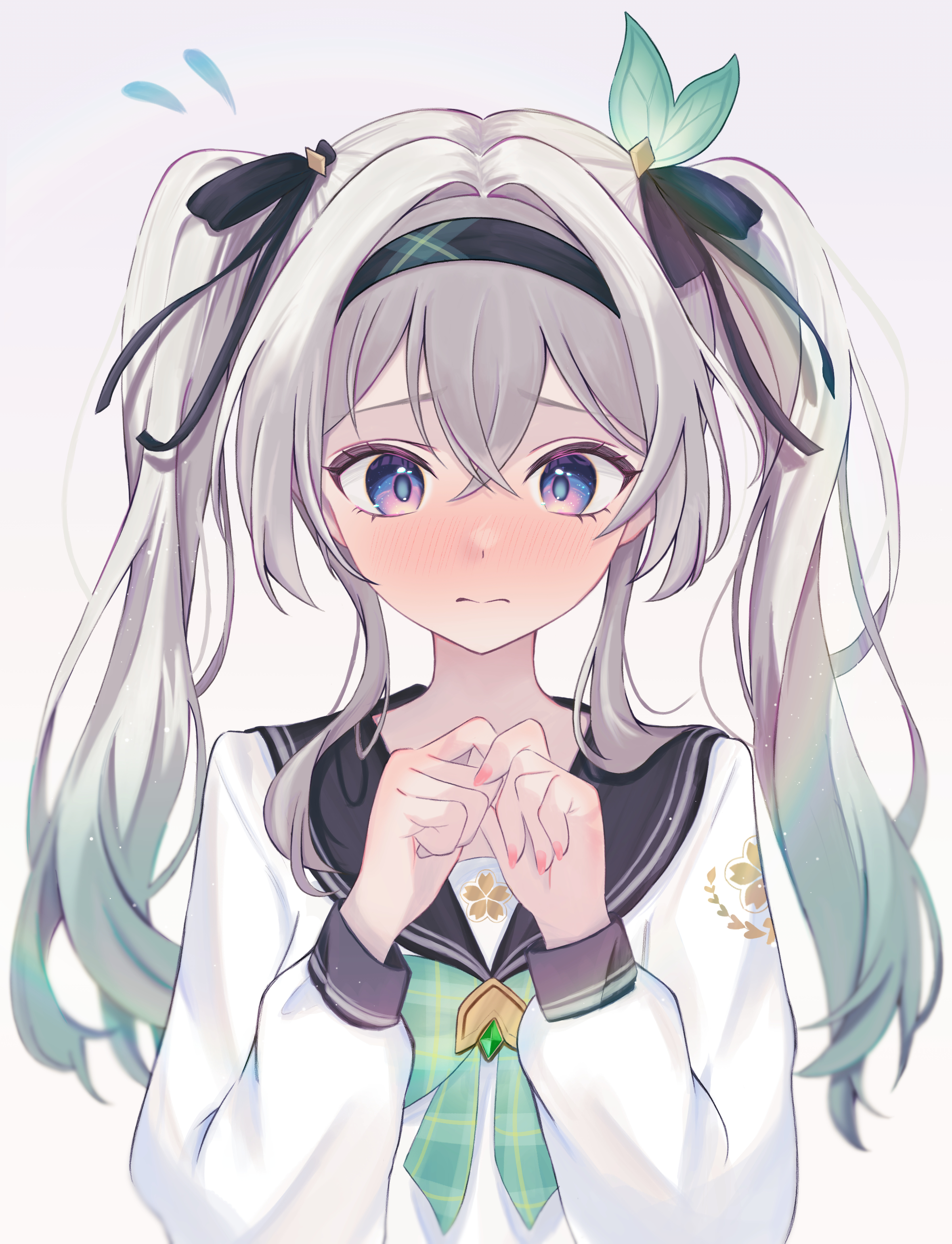 firefly (honkai: star rail), firefly (spring missive) (honkai: star rail), honkai: star rail, honkai (series), absurdres, highres, 0 tsunamayo 0, 1girl, alternate hairstyle, blush, bow, closed mouth, gradient hair, green bow, green hair, grey hair, hair between eyes, hair ornament, long hair, long sleeves, looking at viewer, multicolored hair, official alternate costume, pink nails, plaid bow, school uniform, serafuku, twintails, upper body, very long hair