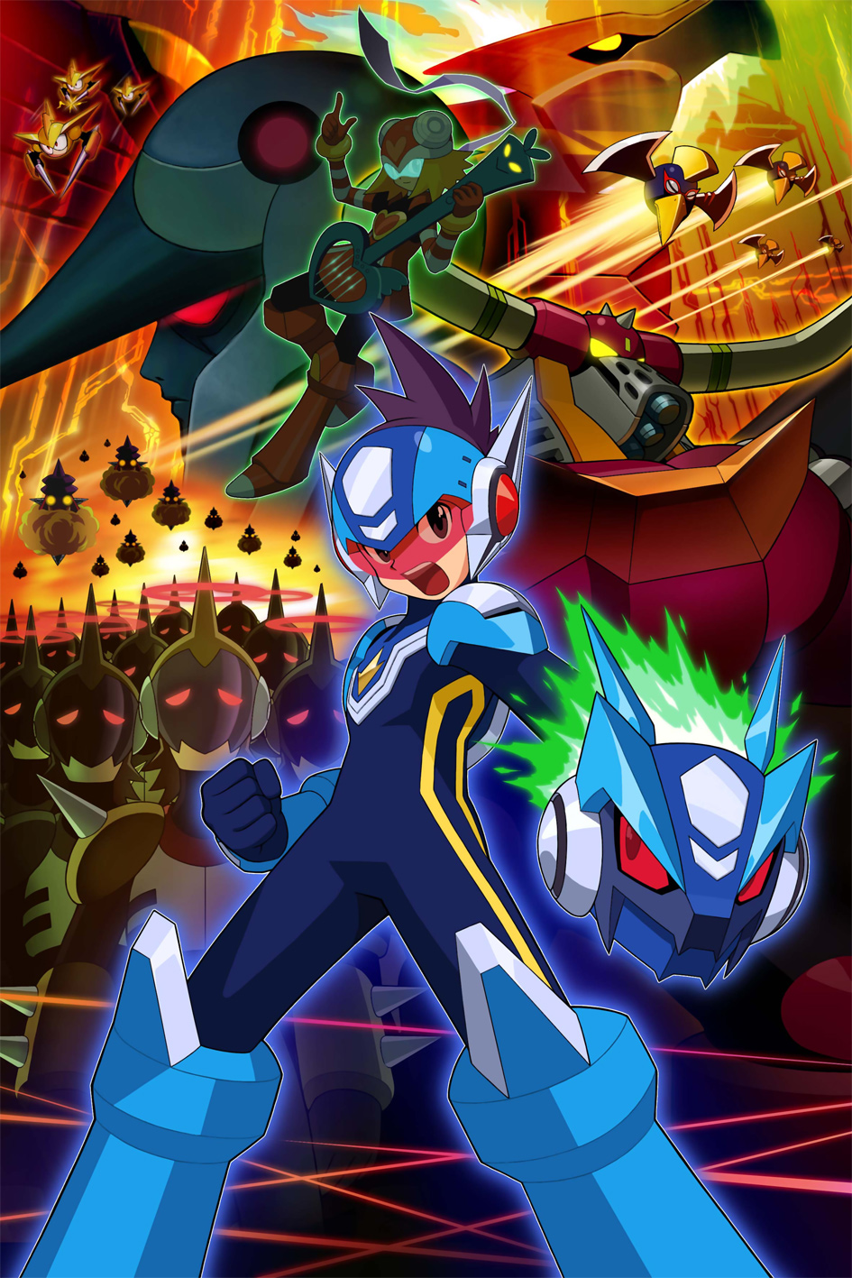 cygnus wing (mega man), geo stelar (mega man), harp note (mega man), omega-xis (mega man), taurus fire (mega man), capcom, mega man (series), mega man star force (series), mega man star force 1, striped, visor, highres, official art, 00s, 1boy, 1girl, 6+others, angry, arm cannon, armor, army, blonde hair, bodysuit, boots, clenched hand, dress, fighting stance, fire, flying, gloves, glowing, glowing eyes, guitar, halo, heart, helmet, horns, humanoid robot, instrument, male focus, multiple others, open mouth, purple hair, red eyes, robot, scarf, short dress, short hair, single horn, solo focus, spiked hair, spikes, standing, sunset, thigh boots, thighhighs, weapon, yellow eyes