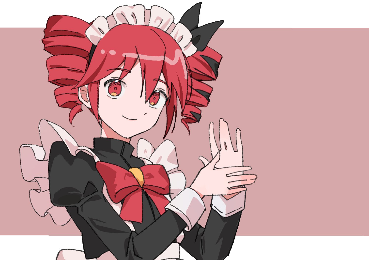 kasane teto, kasane teto (sv), synthesizer v, utau, korean commentary, 1girl, alternate costume, apron, black dress, black shirt, border, bow, bowtie, closed mouth, dress, drill hair, enmaided, frilled apron, frills, hair bow, hands up, juliet sleeves, long sleeves, looking at viewer, magic maid (synthesizer v), maid, maid apron, maid headdress, nekung, own hands together, puffy sleeves, red bow, red bowtie, red eyes, red hair, shirt, short hair, sleeve cuffs, smile, solo, twin drills, upper body, white apron