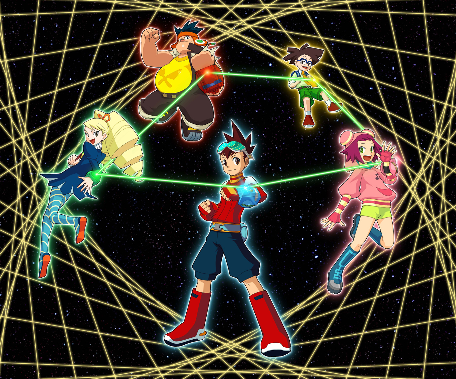 bud bison (mega man), geo stelar (mega man), luna platz (mega man), sonia strumm (mega man), zack temple (mega man), capcom, mega man (series), mega man star force (series), highres, official art, 00s, 2girls, 3boys, drill hair, multiple boys, multiple girls, pantyhose