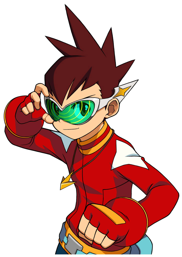 geo stelar (mega man), capcom, mega man (series), mega man star force (series), official art, 00s, 1boy, belt, belt pouch, bodysuit, brown hair, buckle, clenched hand, cowboy shot, fingerless gloves, gloves, goggles, looking at viewer, male focus, pocket, pouch, red gloves, solo, spiked hair