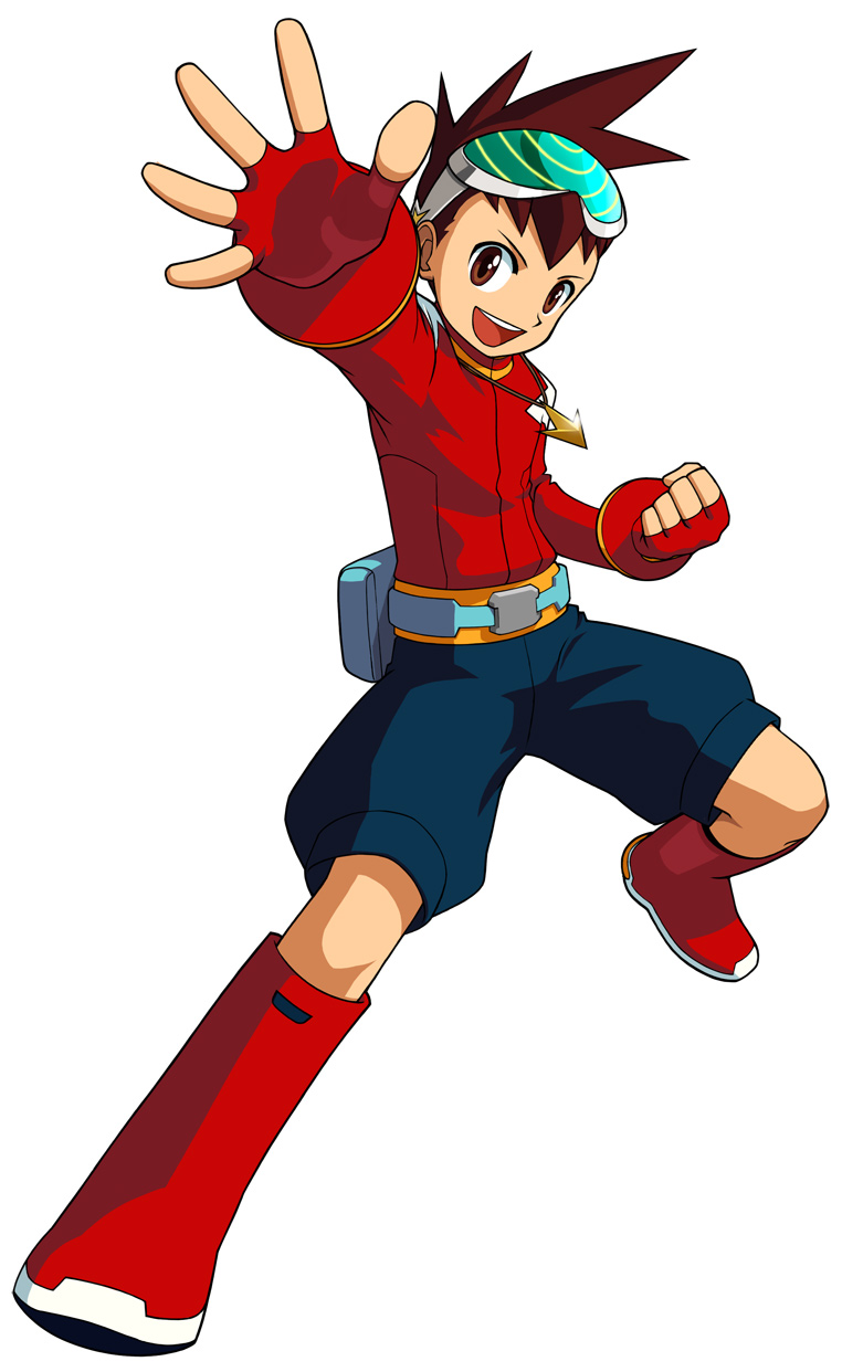 geo stelar (mega man), capcom, mega man (series), mega man star force (series), highres, official art, 00s, 1boy, boots, brown eyes, brown hair, fingerless gloves, foreshortening, full body, gloves, goggles, goggles on head, knee boots, looking at viewer, male focus, outstretched arms, pants, red gloves, simple background, solo, spiked hair, white background
