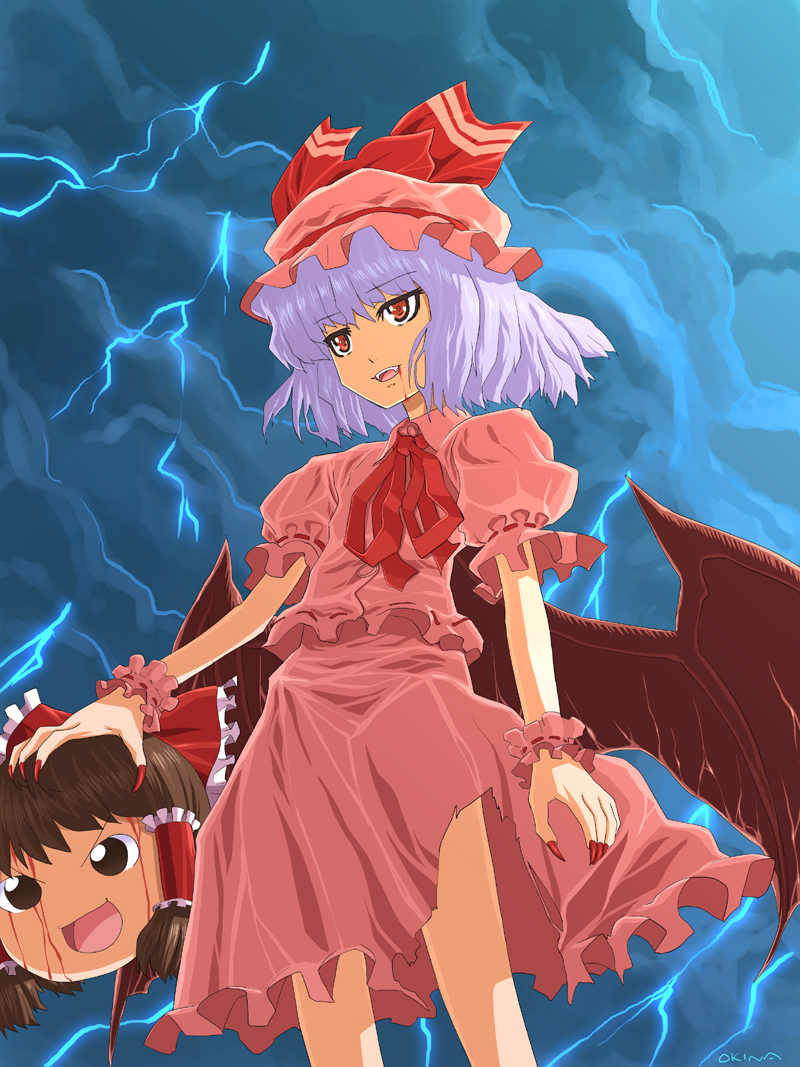 okina ika, hakurei reimu, remilia scarlet, touhou, bad id, bad pixiv id, 1girl, blood, fangs, female focus, fingernails, lightning, nail (hardware), red eyes, solo, vampire, wings, yukkuri shiteitte ne