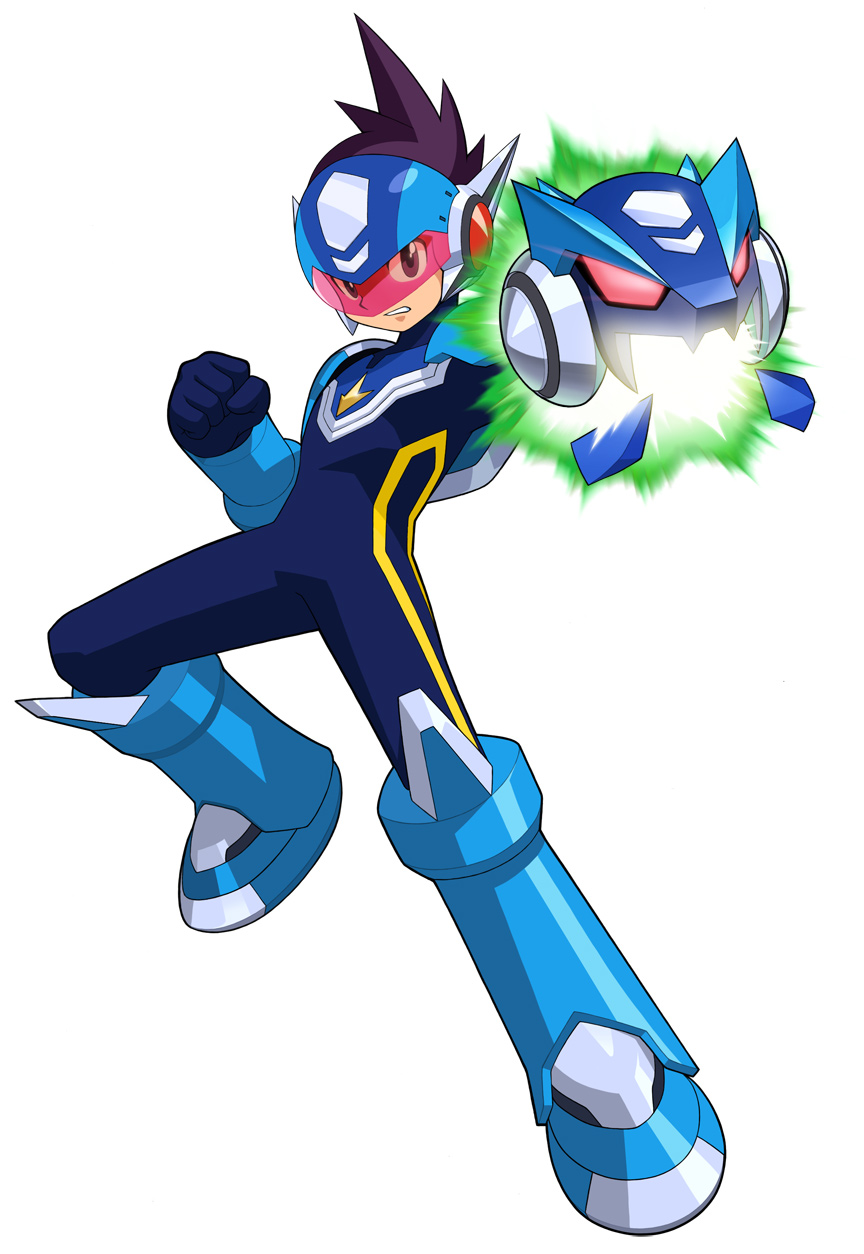 geo stelar (mega man), capcom, mega man (series), mega man star force (series), highres, official art, 00s, 1boy, bodysuit, brown hair, cannon, glass, glowing, goggles, helmet, holding, holding weapon, looking at viewer, male focus, powering up, simple background, solo, weapon, white background