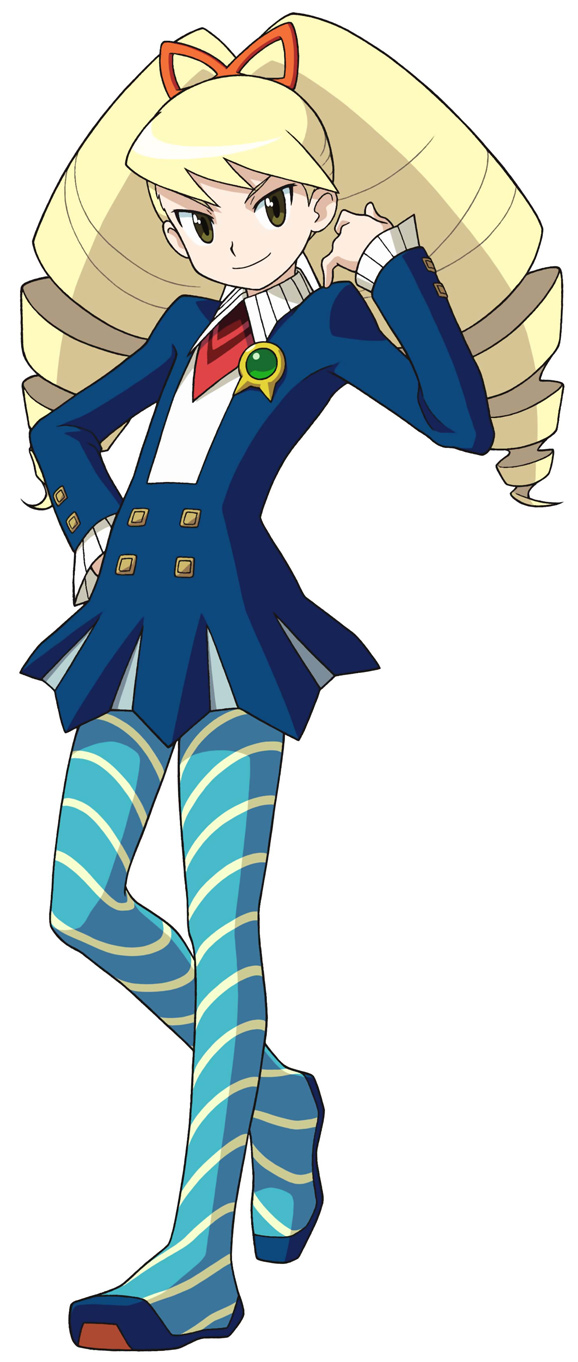 luna platz (mega man), capcom, mega man (series), mega man star force (series), highres, official art, 00s, 1girl, big hair, blue pantyhose, drill hair, female focus, pantyhose, solo, striped clothes, striped pantyhose