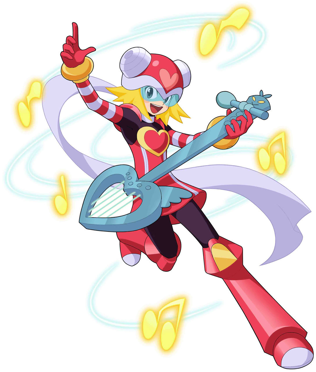 harp note (mega man), sonia strumm (mega man), capcom, mega man (series), mega man star force (series), highres, official art, 00s, 1girl, :d, blush, bodysuit, female focus, goggles, guitar, holding, instrument, looking at viewer, music, open mouth, playing instrument, short hair, simple background, smile, solo, white background