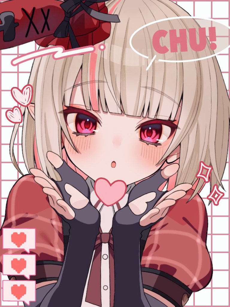 makaino ririmu, nijisanji, 1girl, amano35697, black bow, black gloves, black sleeve cuffs, blowing kiss, blunt bangs, blush, bob cut, bow, clothing cutout, colored inner hair, dress, elbow gloves, fingerless gloves, glove cutout, gloves, grey hair, grid background, hands up, hat, hat bow, heart, heart cutout, idol clothes, looking at viewer, medium hair, mini hat, multicolored hair, official alternate costume, official alternate hairstyle, parted lips, pink hair, plaid clothes, plaid dress, plaid sleeves, pointy ears, portrait, puffy short sleeves, puffy sleeves, rabbit ear headwear, red dress, red eyes, red sleeves, short sleeves, solo, speech bubble, streaked hair, virtual youtuber, white background