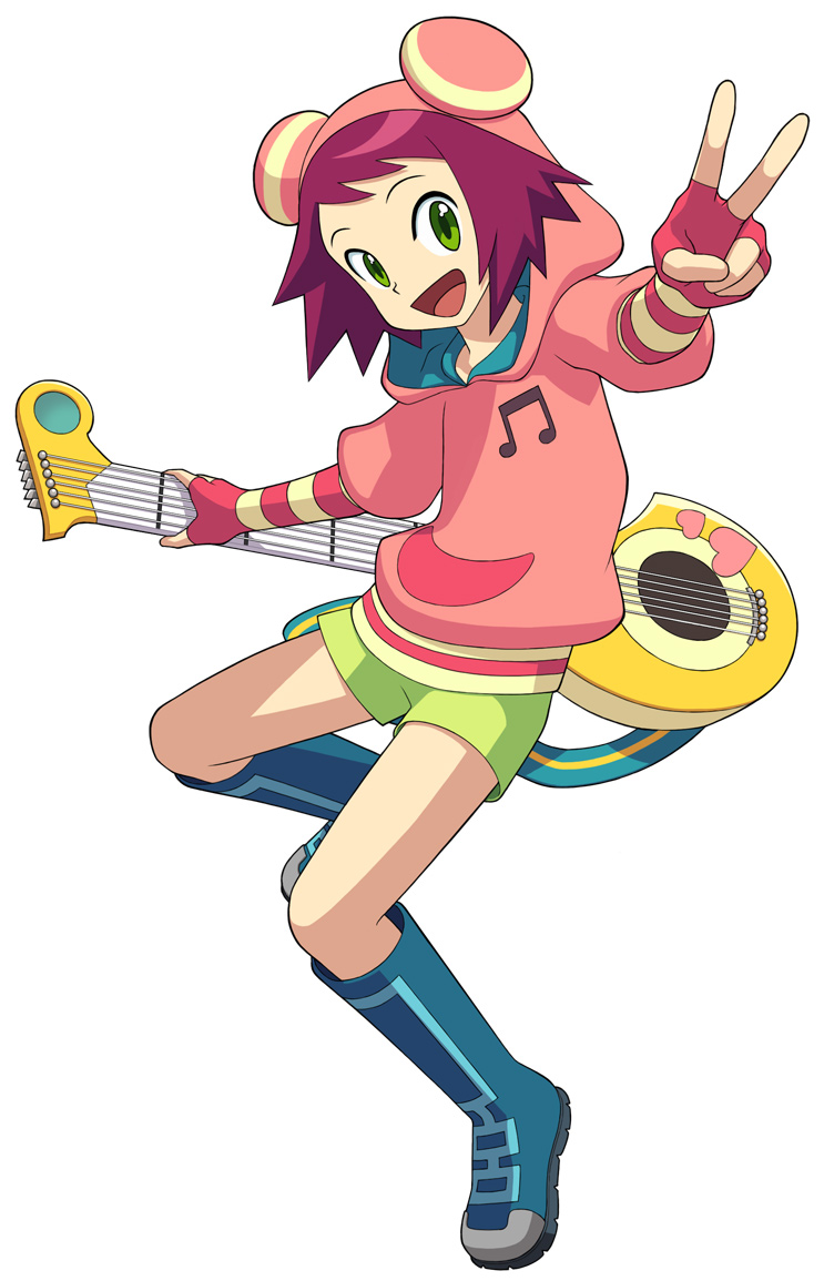 sonia strumm (mega man), capcom, mega man (series), mega man star force (series), official art, 00s, 1girl, :d, beamed quavers, boots, brown hair, female focus, full body, green eyes, holding, hood, hoodie, instrument, knee boots, looking at viewer, musical note, open mouth, shorts, simple background, smile, solo, white background