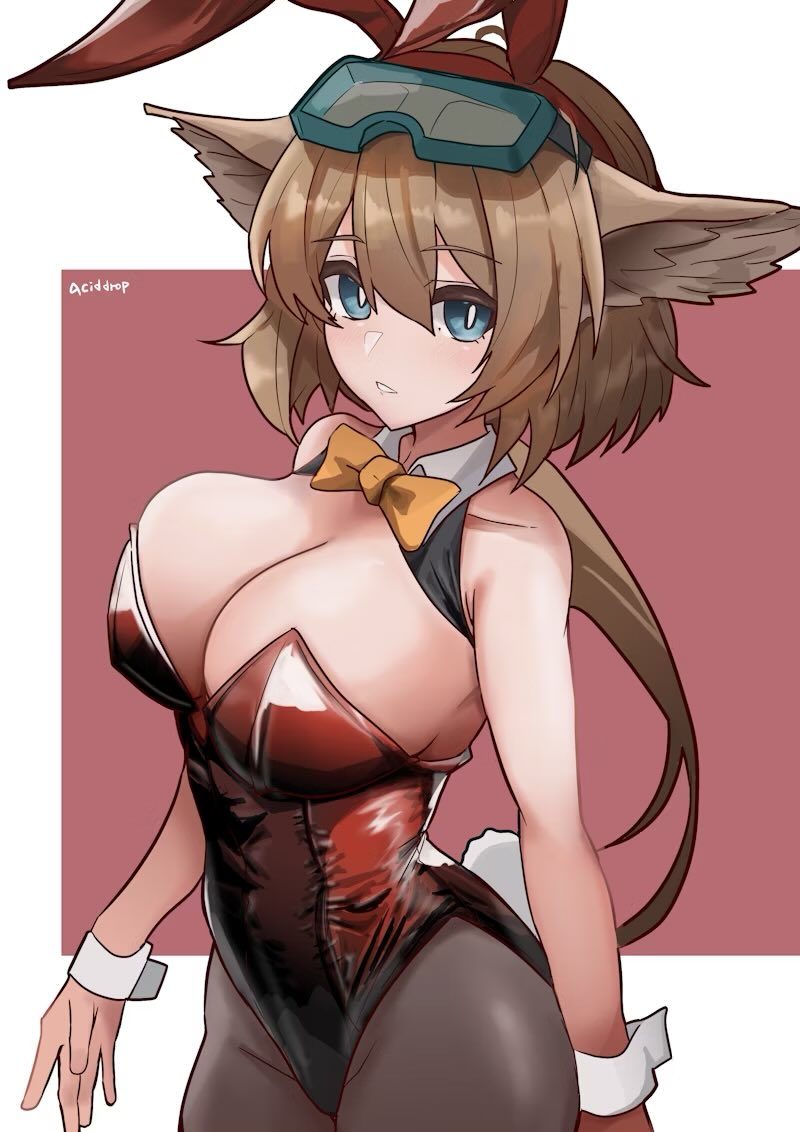 aciddrop (arknights), arknights, 1girl, animal ears, black pantyhose, blue eyes, bow, bowtie, breasts, brown hair, character name, detached collar, feather hair, goggles, goggles on head, large breasts, lastmatch500, leotard, long hair, orange bow, orange bowtie, pantyhose, playboy bunny, rabbit ears, rabbit tail, strapless, strapless leotard, tail, wrist cuffs