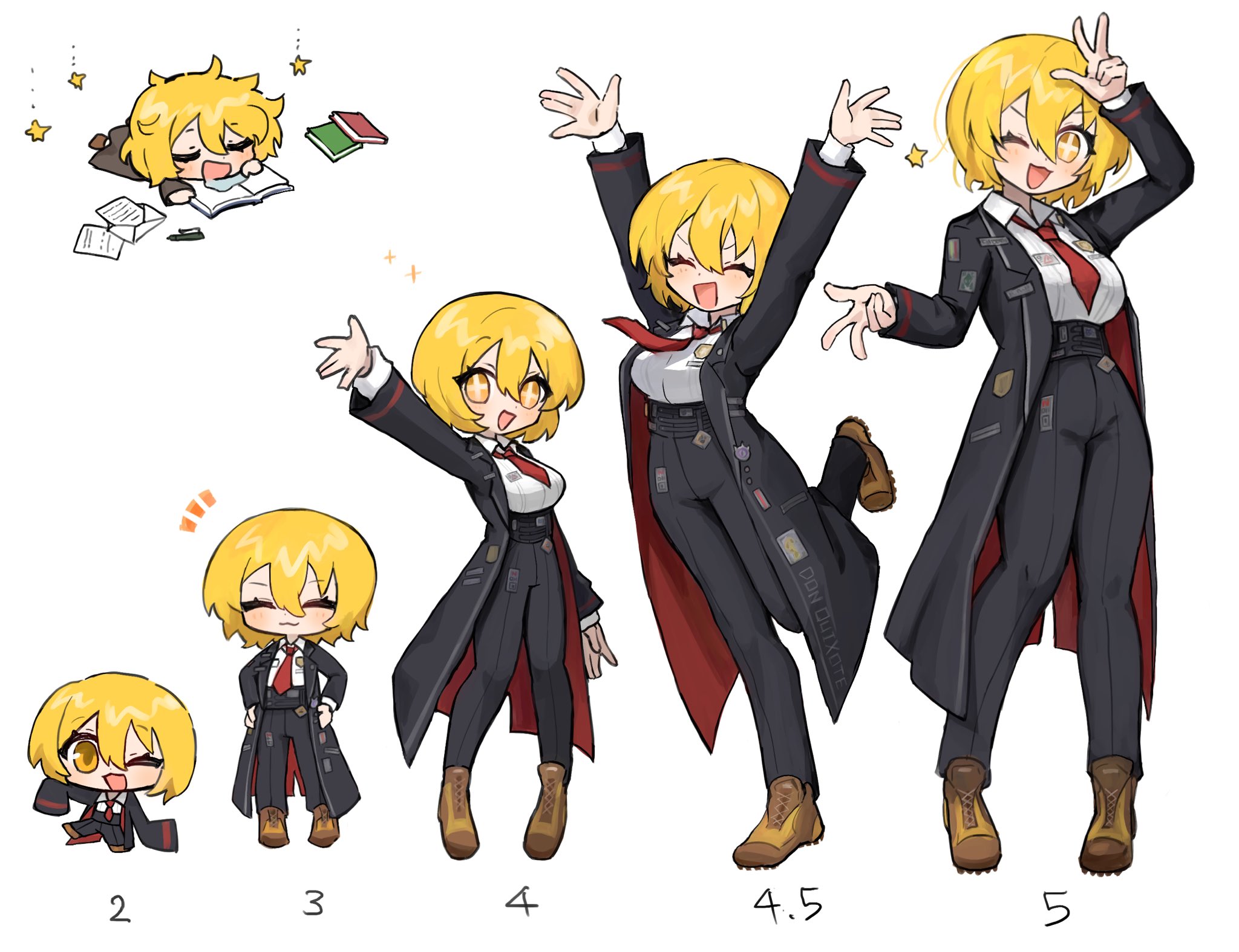 ro/ku, don quixote (project moon), limbus company, project moon, highres, + +, 1girl, :d, arm up, arms up, black coat, black pants, blonde hair, blush, boots, breasts, brown boots, chibi, chibi inset, closed eyes, coat, collared shirt, double-parted bangs, falling star, hair between eyes, hand up, high-waist pants, large breasts, long sleeves, looking at viewer, necktie, notice lines, one eye closed, open clothes, open coat, open mouth, pants, progression, red necktie, shirt, short hair, simple background, smile, standing, star (symbol), w, white background, white shirt, yellow eyes