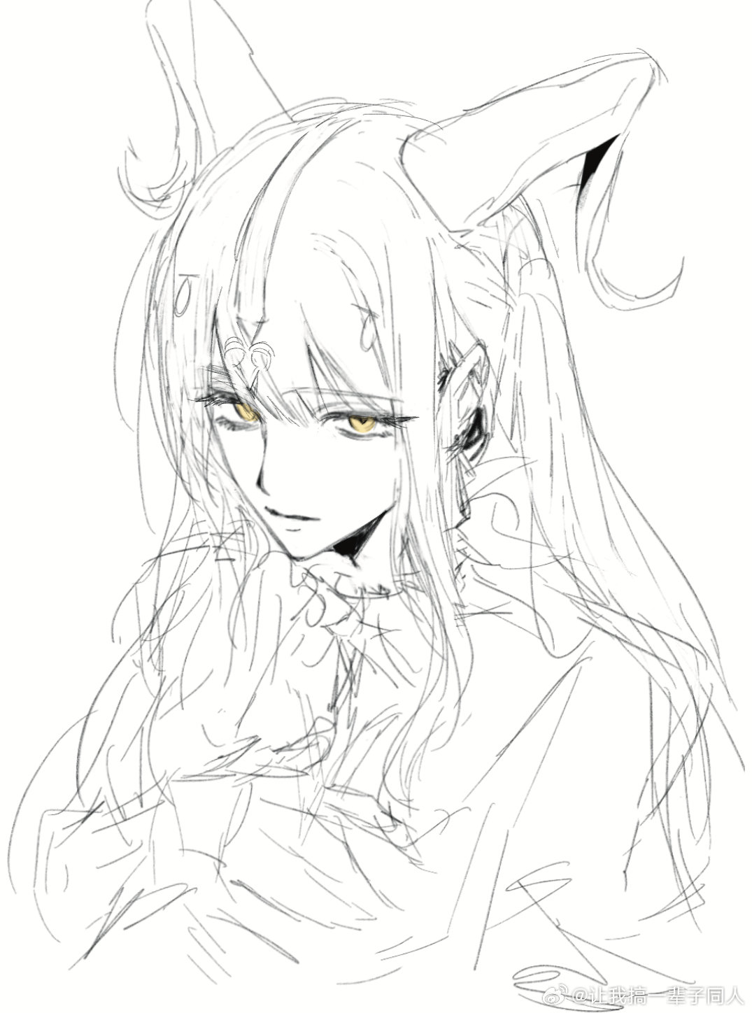 siy (shengxiu760722), togawa sakiko, arknights, bang dream!, bang dream! it's mygo!!!!!, chinese commentary, commentary request, highres, 1girl, greyscale, horns, long hair, monochrome, sidelocks, simple background, sketch, solo, spot color, togawa sakiko (master of melodia), upper body, watermark, weibo watermark, white background, yellow eyes