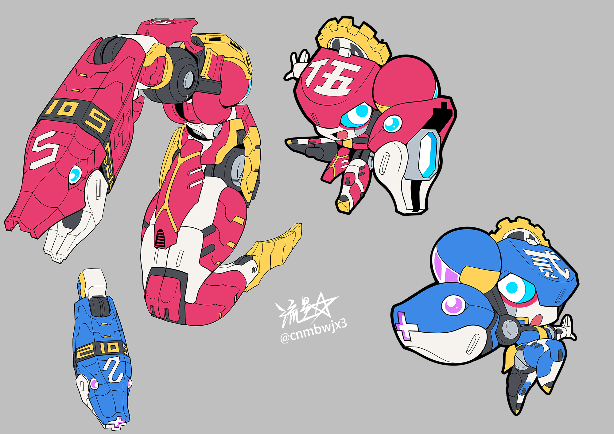 ryuusei (mark ii), original, commentary request, highres, 2girls, arm cannon, blue eyes, chibi, hair bun, multiple girls, non-humanoid robot, open mouth, robot, robot animal, robot snake, signature, single side bun, smile, twitter username, weapon